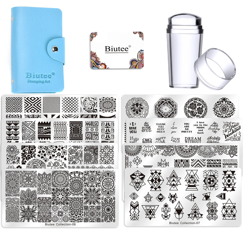 

Biutee Square Nail Stamping Plate Design 8pcs + 1 Stamper Set + 1 Storage Bag Nail Art Stamper scraper Image plate Manicure Set