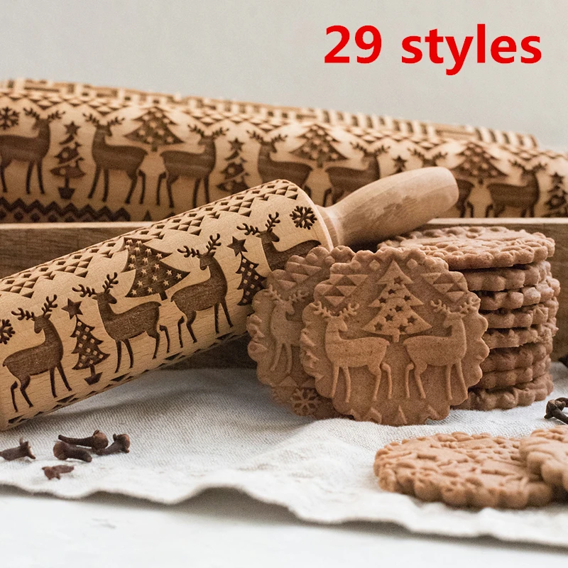 

Christmas wooden Embossing Rolling Pin Baking Cookies Biscuit Fondant Cake Dough Engraved Rollercake Decorating Baking Tools