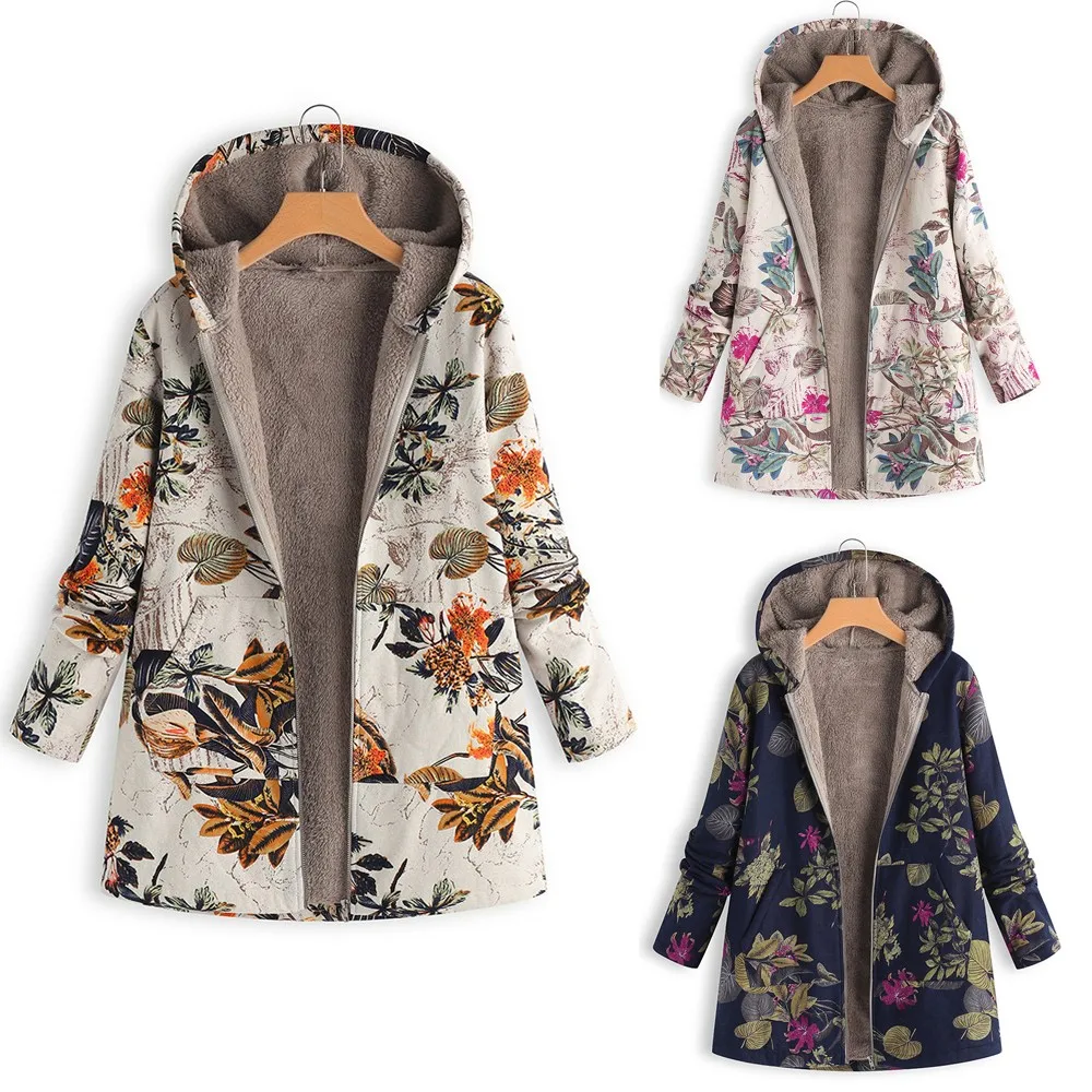 JAYCOSIN, женская зимняя плотная теплая верхняя одежда, цветочный принт, с капюшоном, с карманами, Ретро стиль, больше размера, пальто, женские толстовки, пальто размера плюс 909Z