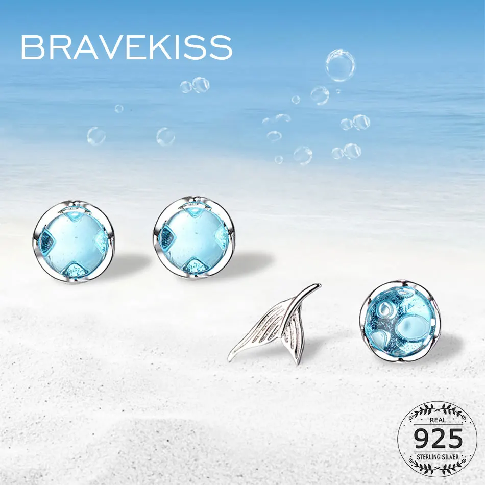BRAVEKISS, хвост русалки, голубой, 925 пробы, серебро, CZ, серьги-гвоздики для женщин, модные ювелирные аксессуары, циркон, камень, BLE0594