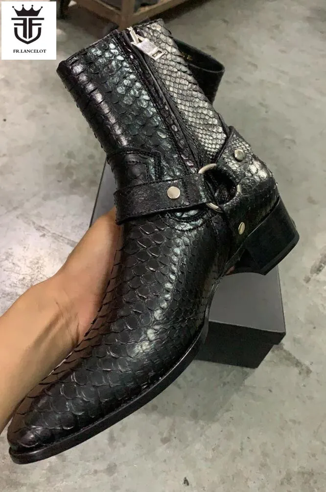 2021 brand new men real  boa snake leather boots point toe ankle booties male party shoes zip side belt men boots