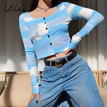 

Weekeep Tie Dye Print Casual T-shirt Women Autumn Knitted Buttons Cardigan Streetwear Tshirts Female Harajuku Retro Cropped Tops