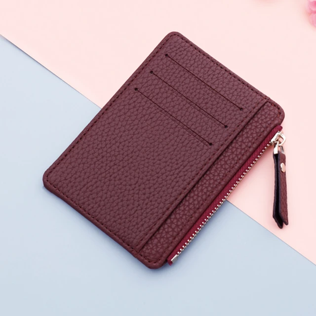 1PC Small Women Men Credit ID Card Holder PU Leather Zipper Fashion Ultra-Thin Wallet Money Bag Case Coin Purse Clip Organizer Red-brown