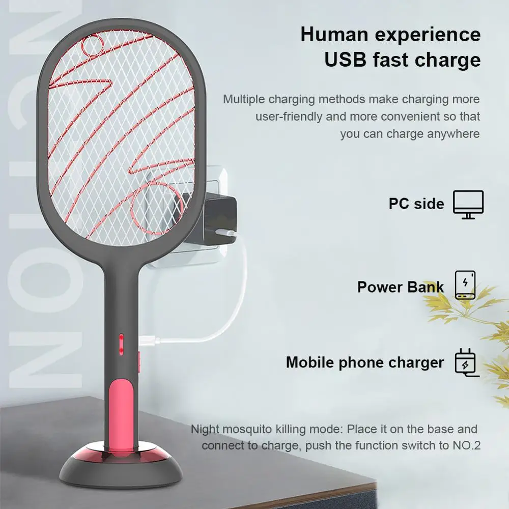 

2-in-1 Multifunctional Mosquito Swatter rechargeable USB Electric Mosquito Killer Bug Zapper Racket Shock Lamp Household