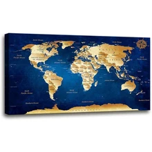 Carteles de mapa azul del mundo, lienzo con estampado decorativo Arte de la pared Decoración, pintura al óleo para decoración del hogar, cuadro para el salón