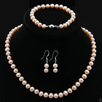 

Natural 7-8mm Pink Akoya Cultured Pearl Necklace Bracelet Earrings Jewelry Set