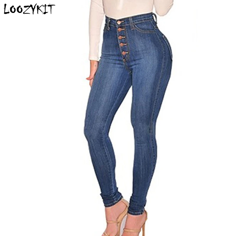 Loozykit Jeans Woman High Waist Stretchy Dark Blue Button Fashion Denim Skinny Pants Trousers 2019 Skinny Push Up Jean Plus Size