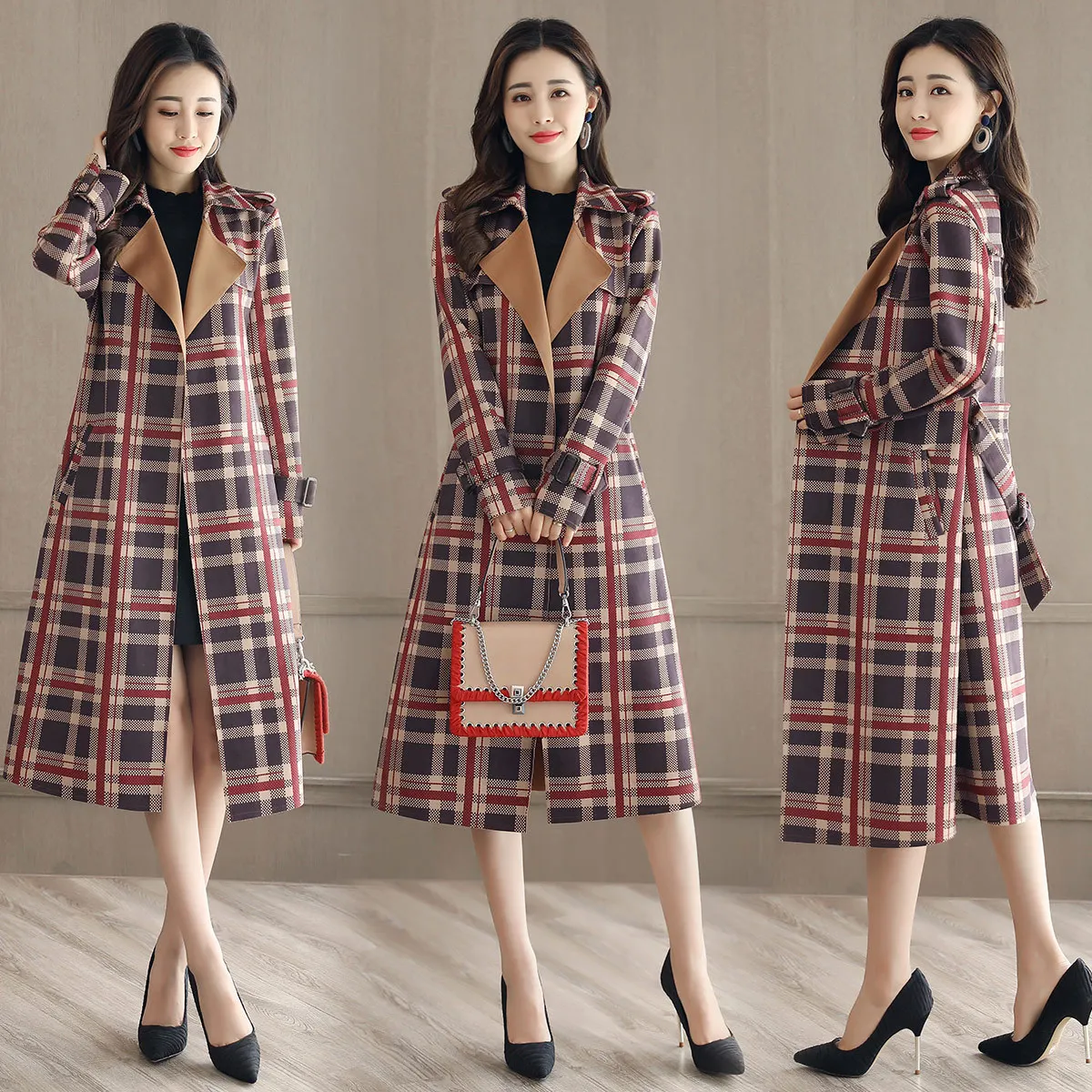 

2019 Spring Clothing New Style Korean-style WOMEN'S Wear Ozhouzhan Ladies' Mid-length Plaid Elegant Trench Coat-Style Coat inflo