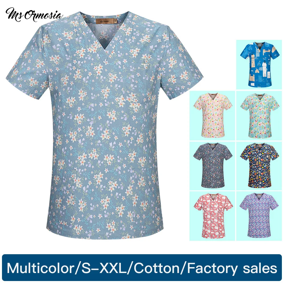 

multicolored cotton soft cartoon printing uniform beauty salon unisex uniform pet shop scrubs uniform work clothes Custom tops