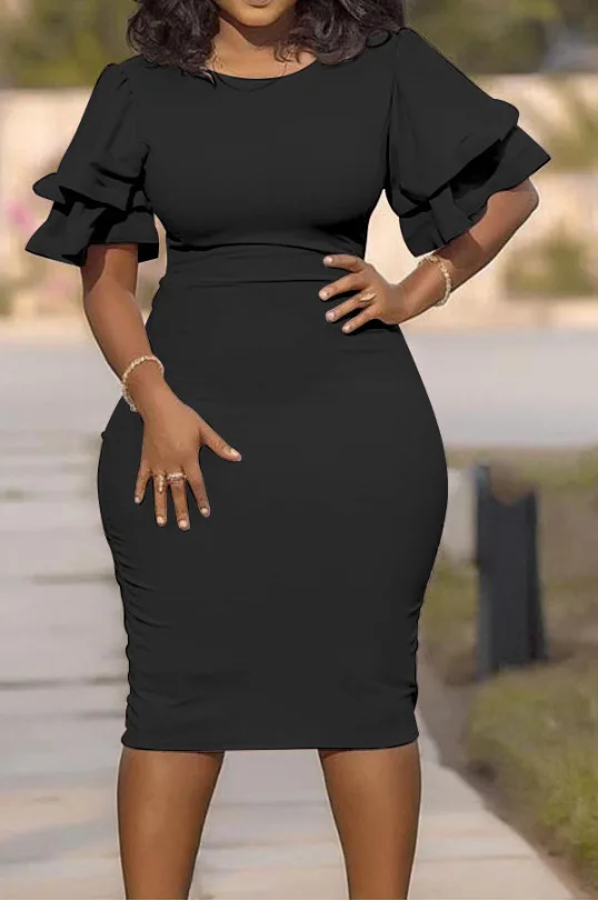 Large size XL-5XL Sudress 2019 Women's Dress O-Neck lanterm Sleeve Slim Night Solid Party short dress (8)