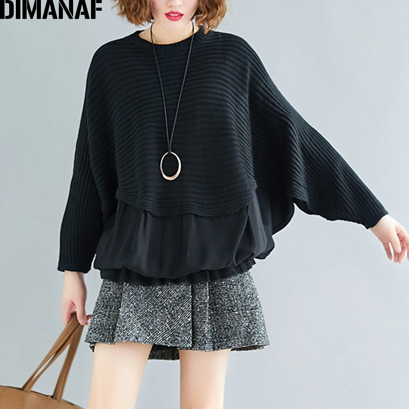 Cena DIMANAF oversize, jesienny sweter damski topy sweter na drutach Plus rozmiar damski damski moda Casual rękaw w kształcie skrzydła nietoperza czarne ubranie