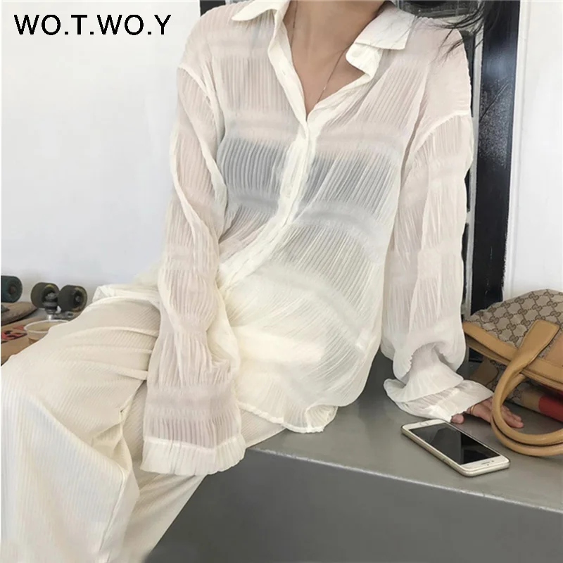 

WOTWOY Spring Summer Sexy Women's Blouses 2019 Pleated Buttons Turn Down Collar Translucent Female Shirts Casual Thin Tops Women
