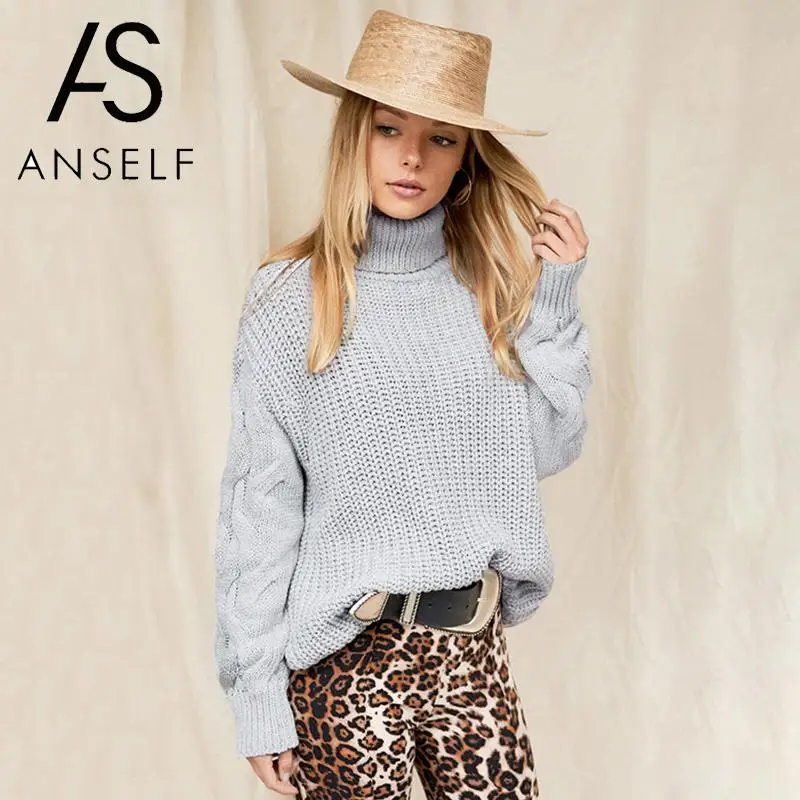 

ANSELF Turtleneck Sweater Women Pullover Solid Long Sleeve Ribbed Cable Twisst Patterns Sweater Oversized Casual Jumper female