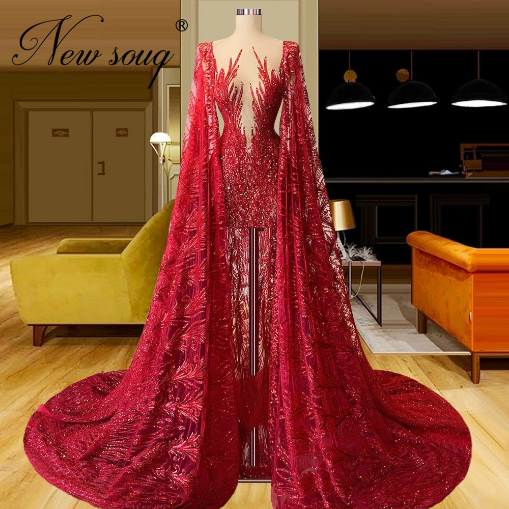 

Vestidos Dubai Design Red Lace Beaded Formal Party Gowns 2021 Plus Size Elegant Women Prom Dress Arabic Middle East Evening Wear