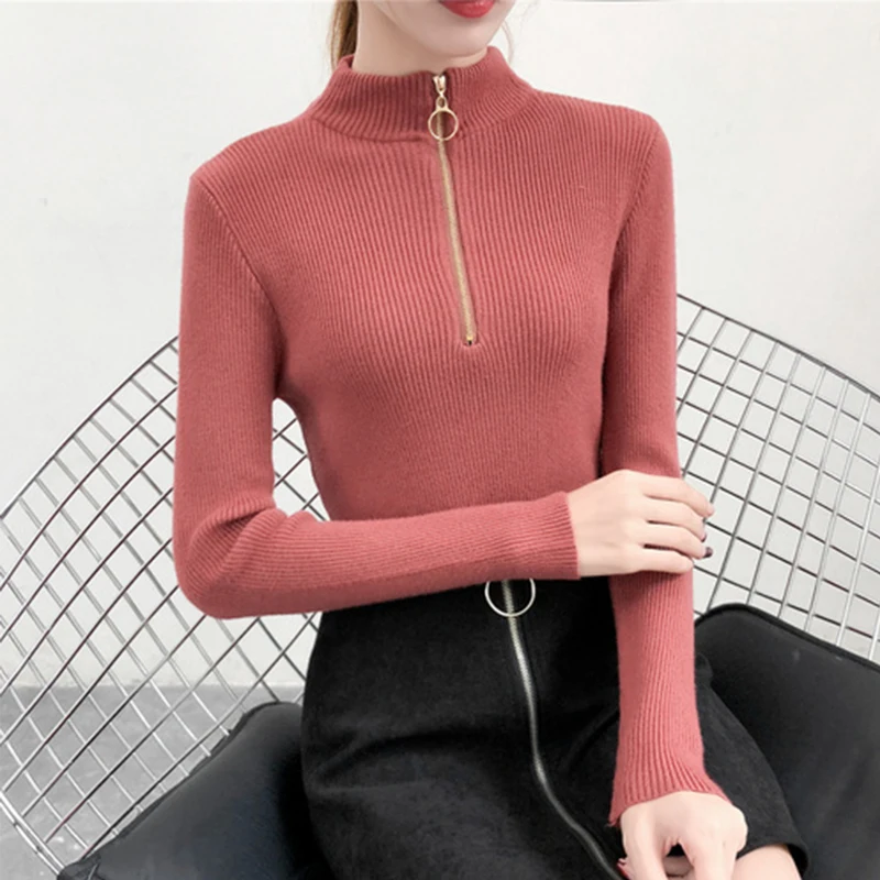 

Ailegogo Autumn Winter Women Turtleneck Zipper Sweater Casual Slim Knitted Clothing Tops Female Black White Red Knit Shirt