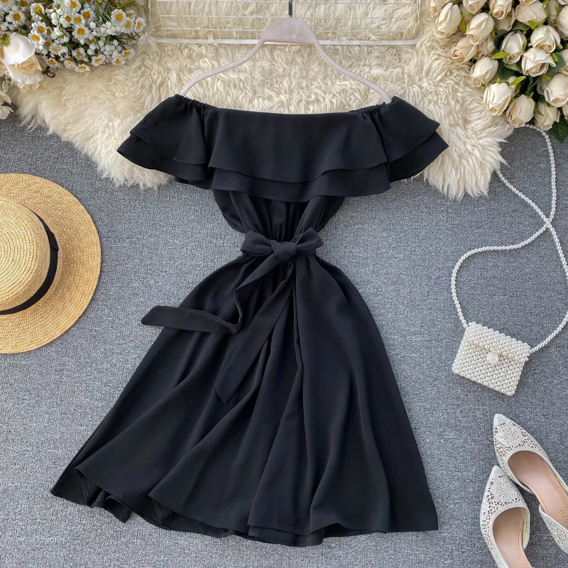 SINGRAIN Summer Women Off Shoulder Dress Bohemian Romantic Ruffle Sundress Party Holiday A-Line Retro Solid Chiffon Beach Dress