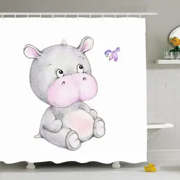 

Shower Curtain for Bathroom Hippopotamus Baby Cute Hippo Bird Toy Design Waterproof Polyester Fabric Set with Hooks