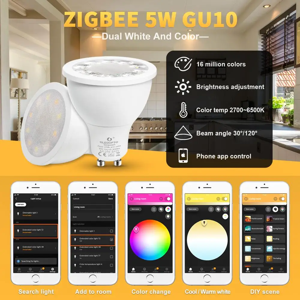 Умный дом zigbee Голосовое управление RGBW 4 Вт mr16 лампа DC12V светодиодный RGB+ CCT прожектор цветной и белый умный светодиодный с echo plus hub