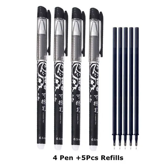 Erasable Pen Set 0.5mm Needle Bullet Tip Gel Ink Pens Refills Rods write erase Washable Handle for School Office Supplies 4 pens 5 refill B