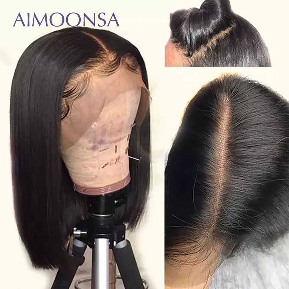Skup Przezroczyste koronki 13*6 koronki przodu włosów ludzkich peruk brazylijski prosto peruka z krótkim bobem wstępnie oskubane z dzieckiem włosy Remy peruki Aimoonsa