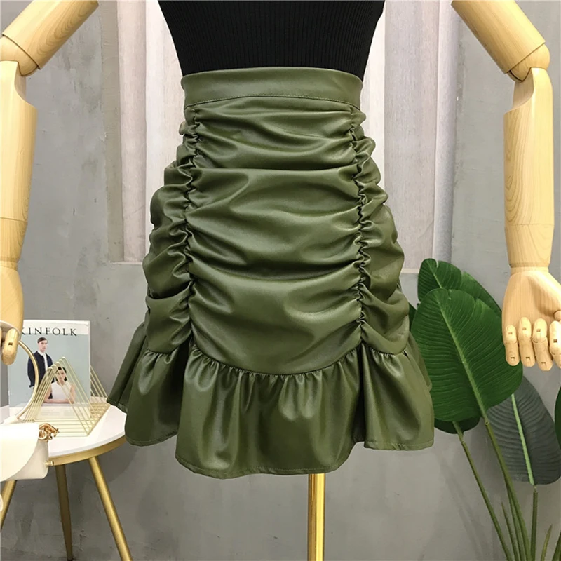 Корейские Kawaii плиссированные юбки женские зимние с высокой талией из искусственной кожи юбки женские большие размеры черная мини-юбка jupe femme