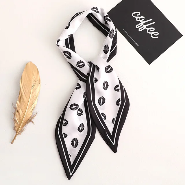 Sweet Love Print Women Small Silk Scarf Handle Bag Ribbons Female Head Scarves Sharp angle Green 90*10cm 51