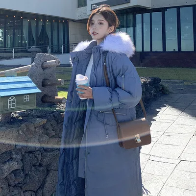 

2018 Winter Waist Hugging Drawstring Mid-length Thick Cotton-padded Clothes Korean-style Hooded Deconstructable Large Fur Collar
