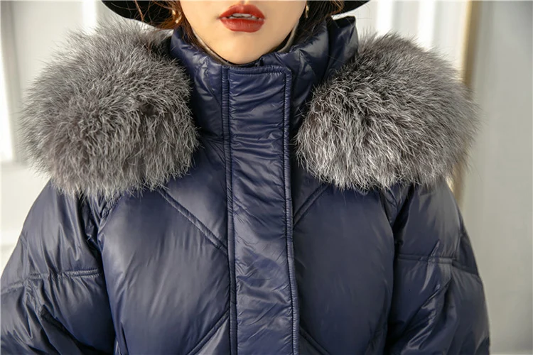 Женский зимний пуховик, пальто, длинные теплые парки, натуральный мех серебристой лисы, утиный пух, пальто с капюшоном, утолщенный пуховик для женщин YRF84