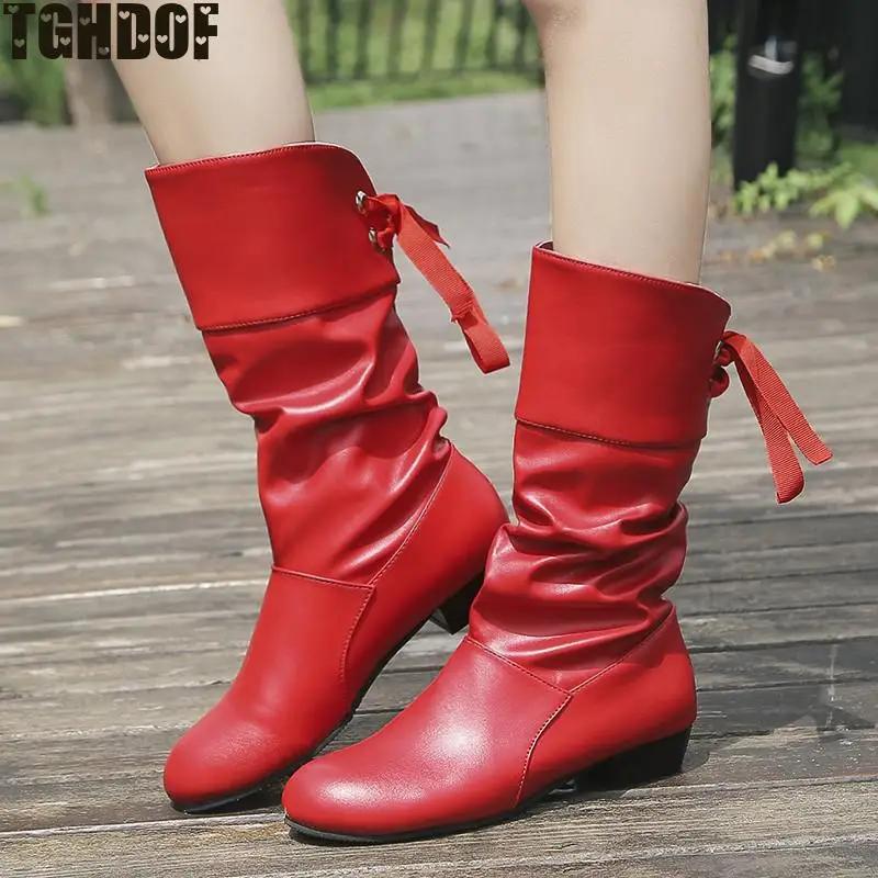 Fashion Women's Boots 2021 Fall New Red Midcut Boots Women's Casual