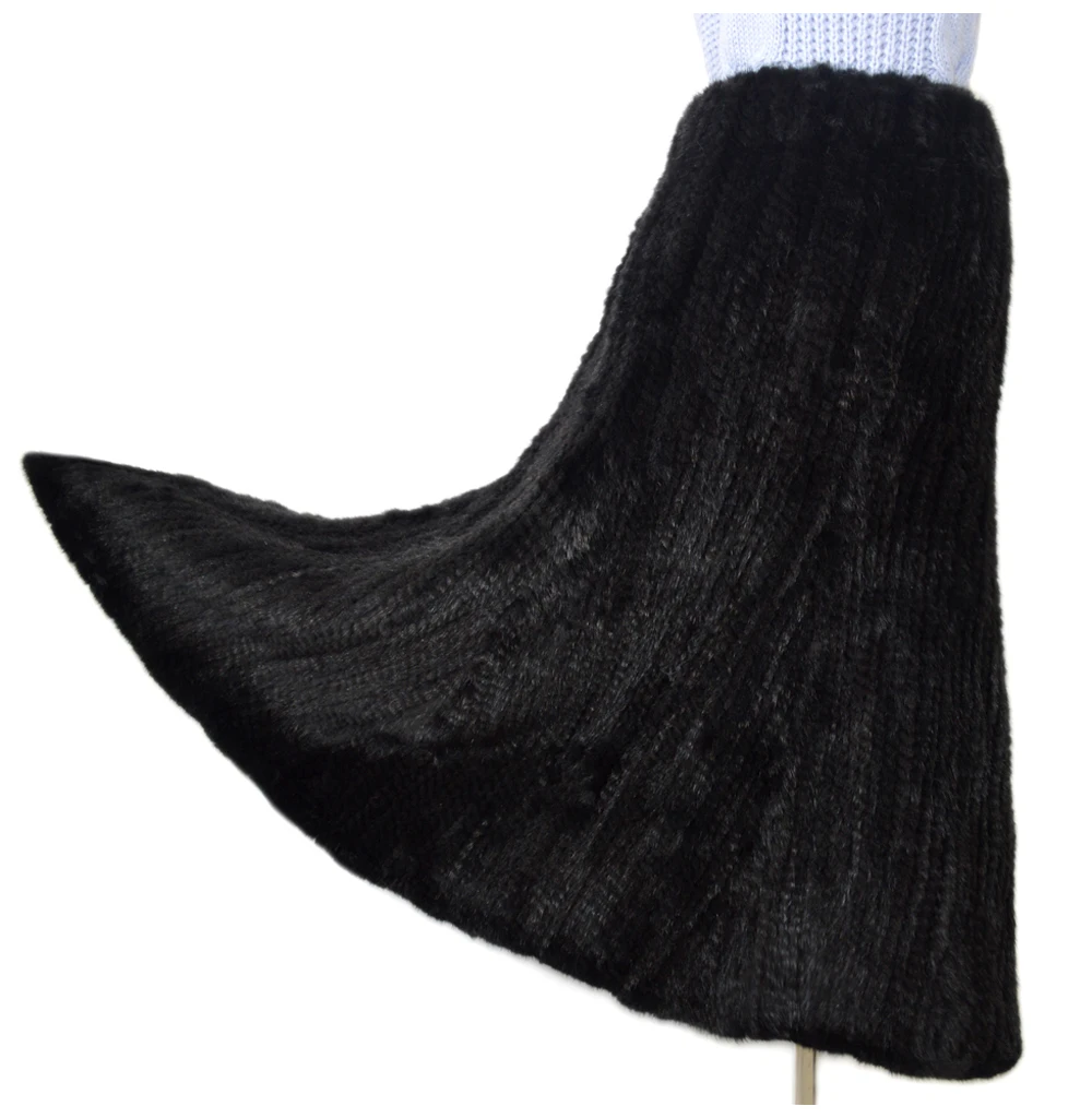 Women real mink fur skirts knitted new brand fashion lady genuine mink fur skirt winter long warm natural fur skirt