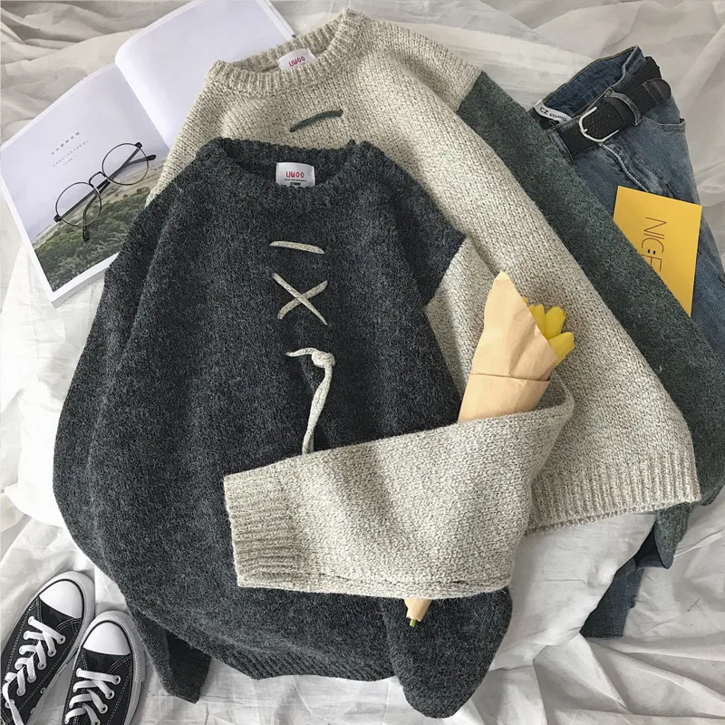 Winter Sweater Men Warm Fashion Sweter Lace Casual Knit Sweaters Man Streetwear Loose Long-sleeved Pullover Male Clothes