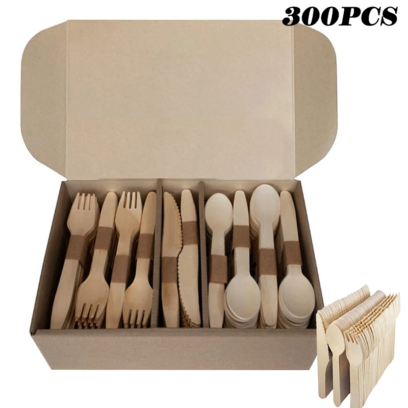 300Pcs Disposable Wooden Cutlery Set Home Party Dessert Spoons Knives Forks Dining Tableware