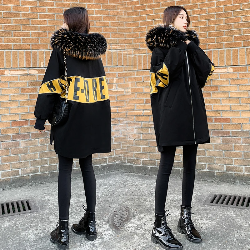 

New Winter Hooded Down Coats Women Letter Print Parkas Coats Female Oversize Thick Warm Down Jacket Winter Big Fur Collar Jacket