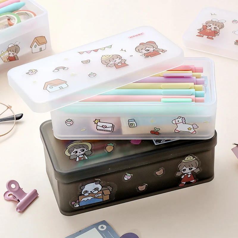 

Simple Transparent Pencil Case Large Clear Frosted Plastic Pencil Pen Storage Box with Stickers School Stationery Double Layer
