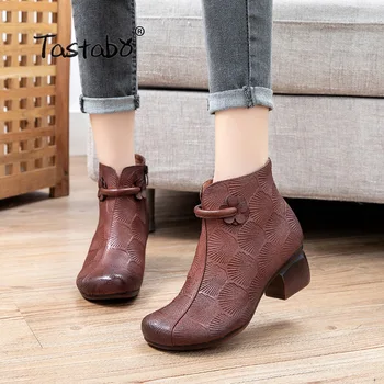 

Spring Autumn Women Boots Genuine Leather Thick Heels Ankle Boots For Women Shoes Retro Flower Zipper Short Boots S20683