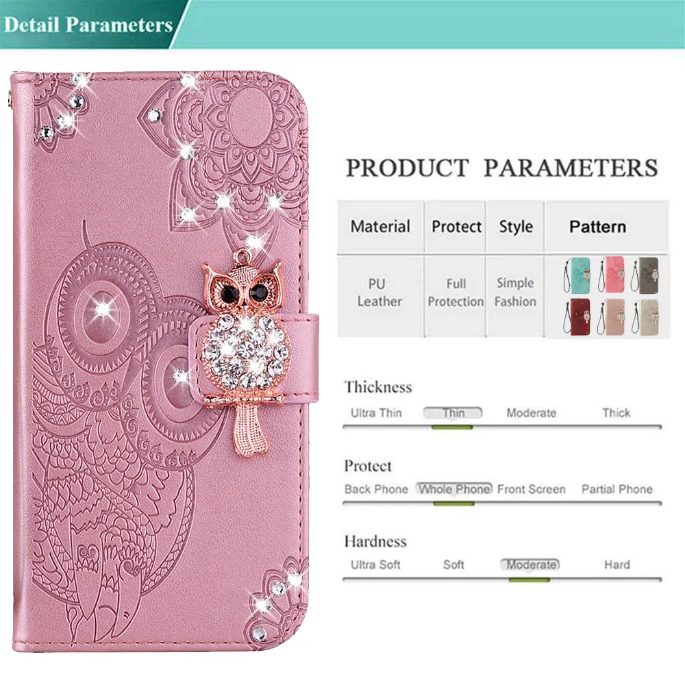 P SMART Y5P Y6P Cover 3D Rhinestone Owl Flip Leather Case For Huawei Y5p Y6p P Smart 2020 2021 Wallet Cover Case Capa Huawei dustproof case