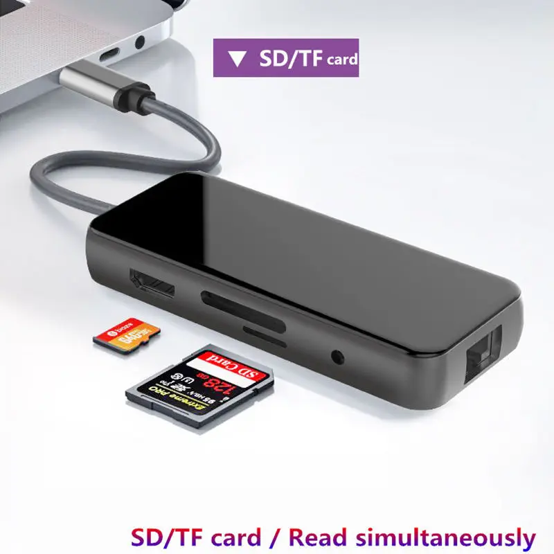 USB3.0 концентратор док-станция конвертер HDMI RJ45 Ethernet SD TF кардридер 3,5 аудио тип-c для ноутбука Смартфон расширения