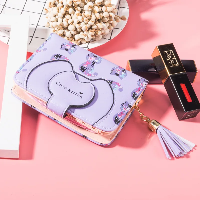 Purple Женский кошелек с кисточками и рисунком кота из искусственной кожи, Женский кошелек, фирменный дизайн, кошелек для монет, Женский держатель для карт, милый кошелек для девушек - Цвет: Purple