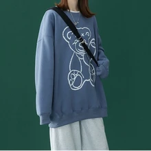 

Women O-Neck Long Sleeve Long Style Sweatshirts Cartoon Teddy Bear Pullover Spring Autumn Couple Clothing Simple Fashion Sweater