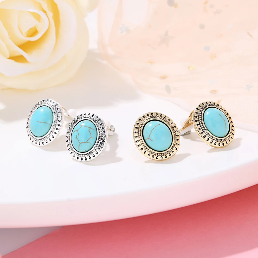 

Fashion Simple Round Shape Silver Engraving Natural Stone Turquoised Stud Earrings For Women Female Jewelry Party Gifts 2019