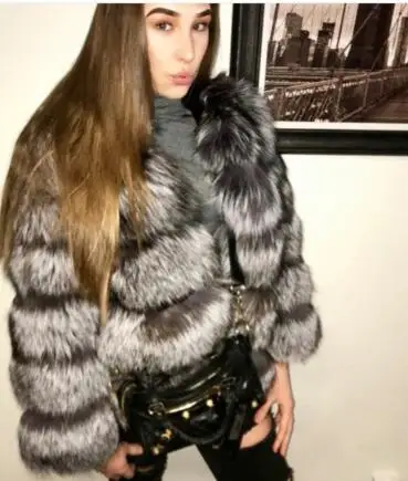 silver fox Лидер продаж, пальто из натурального Лисьего меха со звездами "Венеция", Красивая Великолепная зимняя меховая куртка, верхняя одежда abrigo mujer - Цвет: silver fox