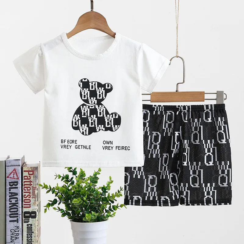 2pcs/set Fashion Boys Cartoon Black Bear Kids Suit Infantil Short Sleeve Clothes 2 Piece Set Girl Summer Outfits 1 2 3 4 5 Years