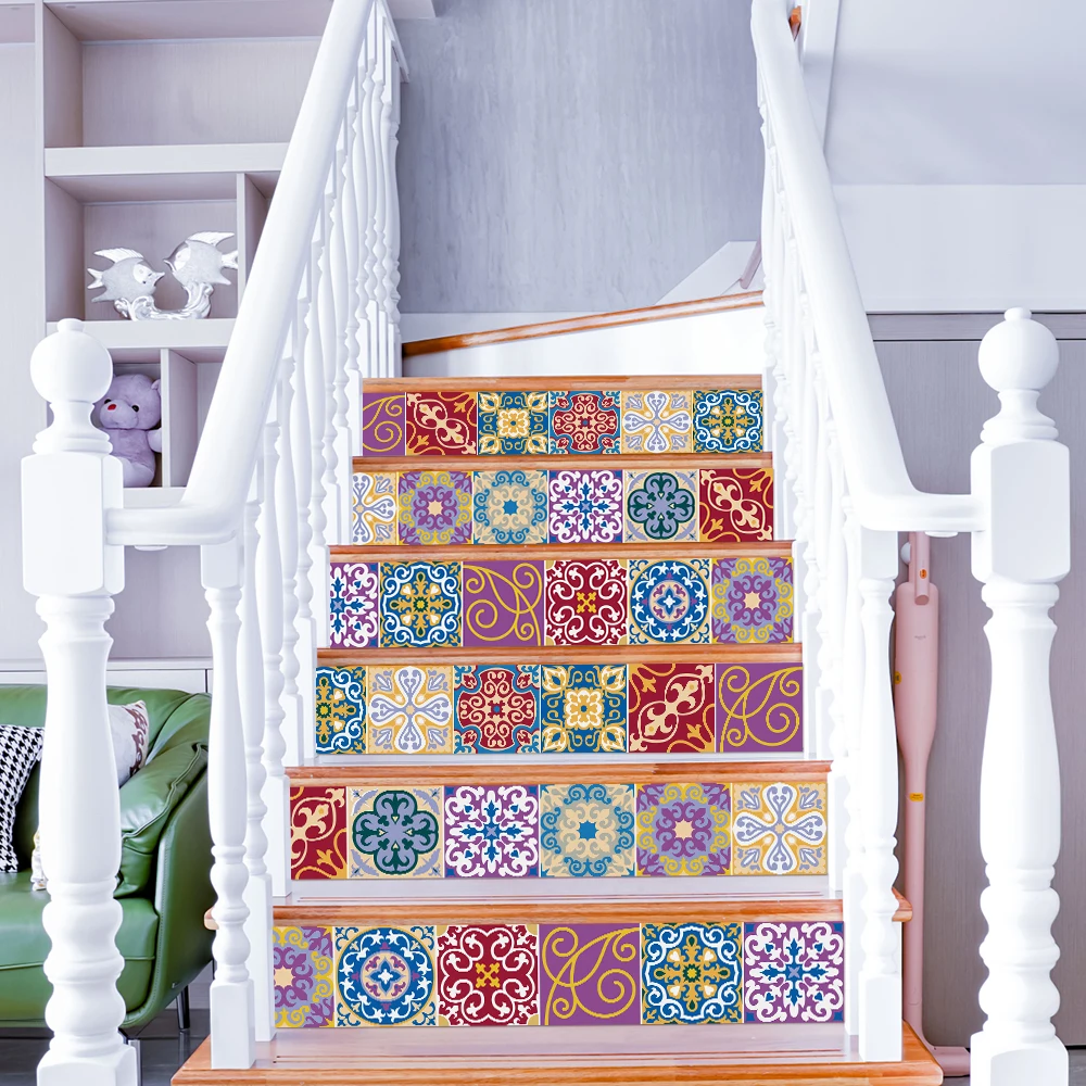 

6pcs/set Colorful Retro Stair Stickers Staircase Steps Floor Sticker Home Decor Self-adhesive Waterproof Art Wallpaper