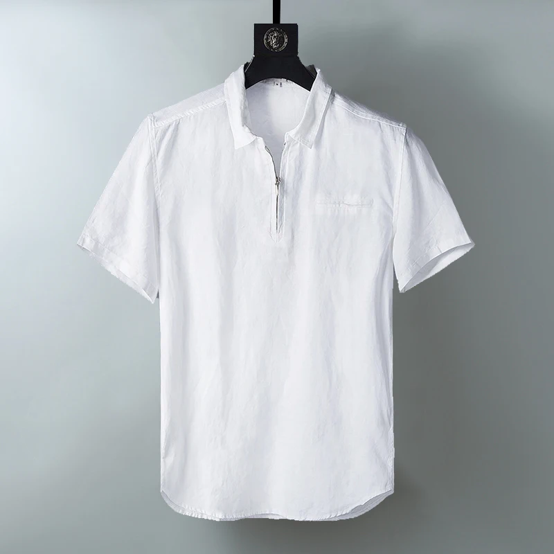 

Pure Linen Short Sleeve Shirts Men Summer Turn-down Collar Solid White Casual Pullover Shirt