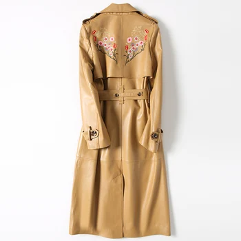 

2020 Real Sheepskin Coat Women Long Autumn Genuine Leather Jacket Embroidery Double Breasted Trench Female With Belt