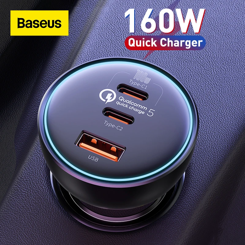 Baseus 160W Car Charger QC 5.0 Fast Charging For iPhone 13 12 Pro USB Type C Quick Charger For Laptops Car Phone Charger 45 watt car charger