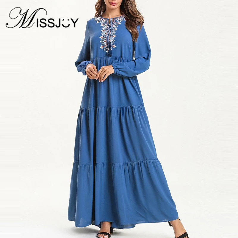 

elegant women's embroidery long sleeve muslim dress plus size Casual Loose abaya Islamic fashion Long maxi turkish dress