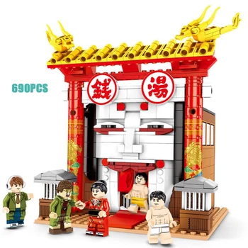

city street view Japanese chinatown sento building block figures Public bathhouse assembly bricks toys collection for gifts