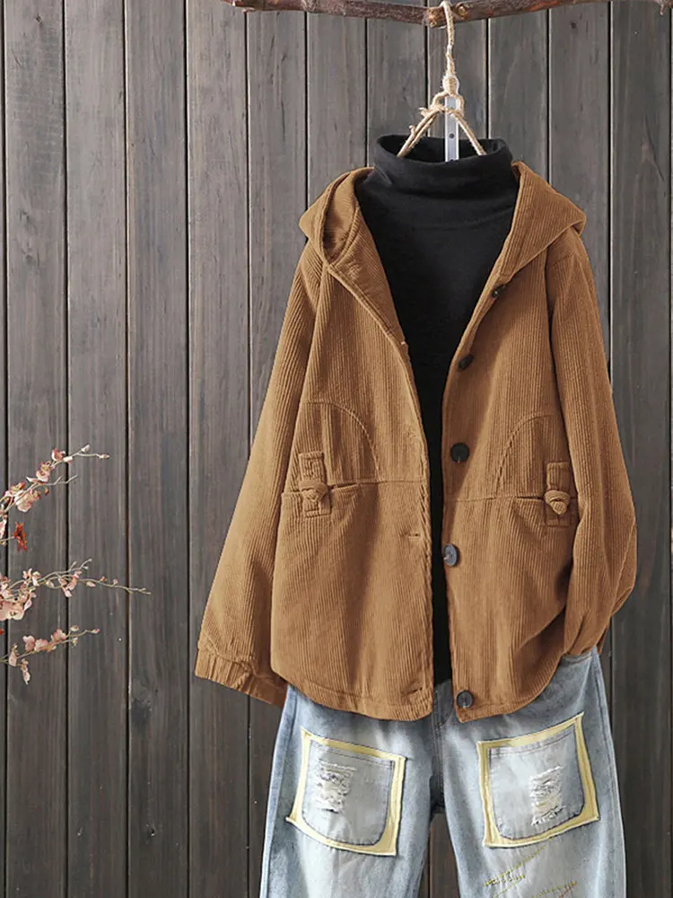 astounding 5XL Women Corduroy Hooded Short Jacket Female Winter Coat Solid Color Fashion Large-size Buckle Vel