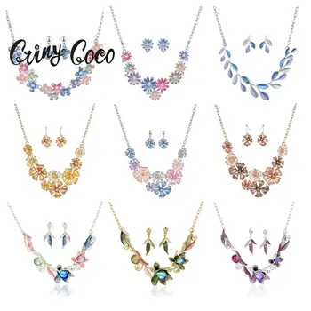 Cring Coco Magnolia Flower Jewelry Sets Fashion Resign Daisy Pendant Necklaces Blue Enamel Chains Necklace Earrings for Women
